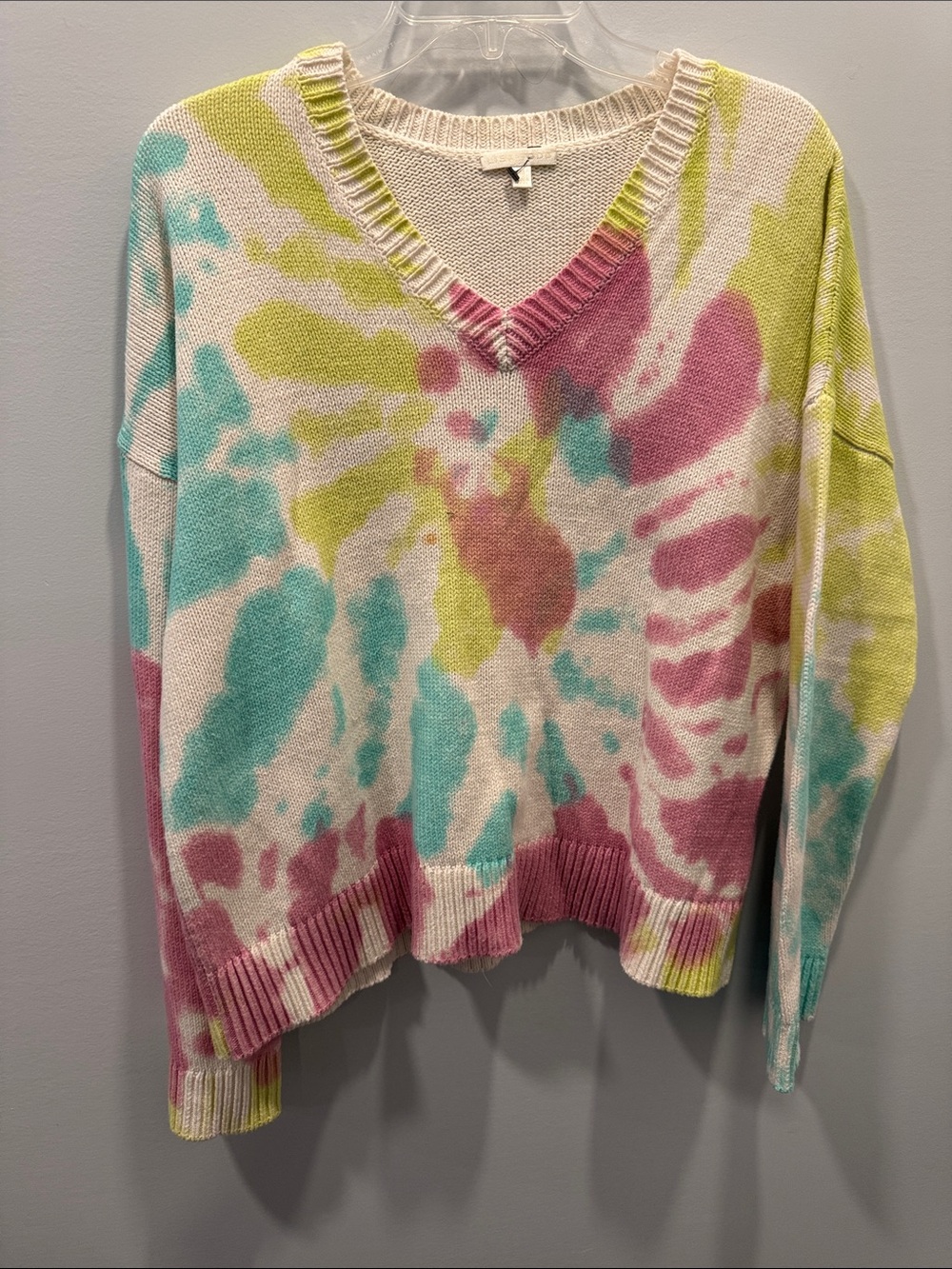 Lisa Todd Cream Tie-Dye V-Neck Sweater with Pink, Aqua, Yellow Accents